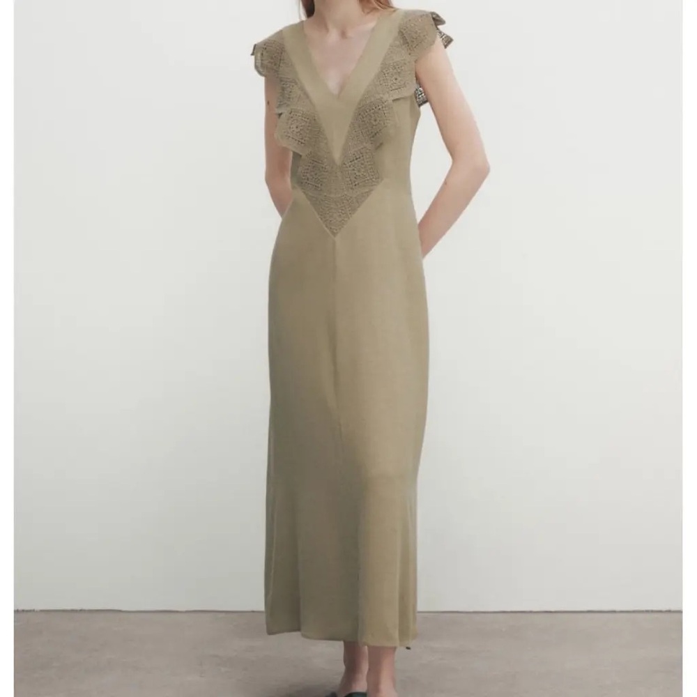 NWT MASSIMO DUTTI RUFFLED CROCHET MIDI DRESS in Khaki Size XS